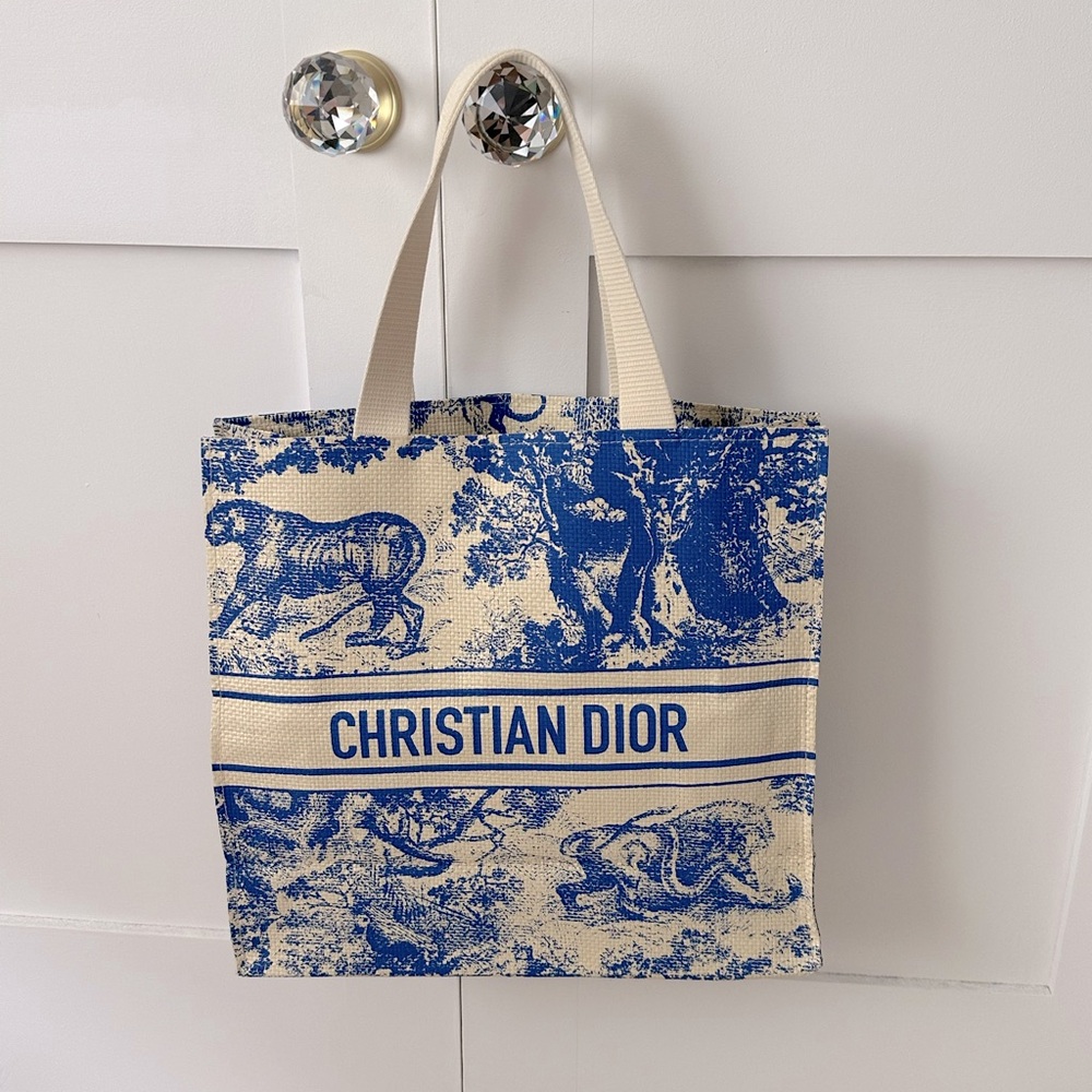 Christian Dior Blue and Cream straw canvas Tote Bag